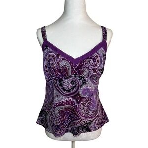 Y2K Babydoll Cami Paisley Lace Trimmed Tank Purple Blouse‎ Size M Boho Feminine